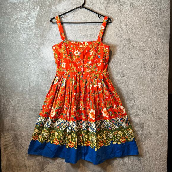 Tory Burch‎ Fernanda Samba Batik Flower Orange Dress Size 6 Floral Cotton Summer - Picture 1 of 8